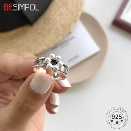 Besimpol Real 925 Sterling Silver Ring Retro Vintage Old Type Pearl Flower Adjustable Open Rings For Women Fine Jewelry Gifts