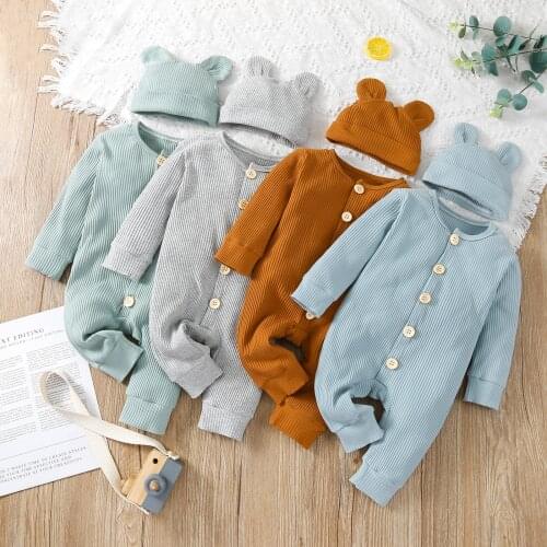 Newborn Baby Romper with Hat 2pcs Casual Knitted Jumpsuits Kids Solid Long Sleeve Playsuit + Cap Suit for Autumn 0-24 Months