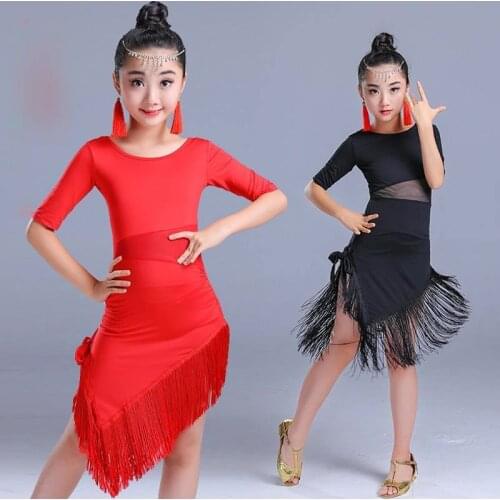 2021 New Kids Girls Latin Dance Dress Fringe Latin Dance Clothes Salsa Costume Solid Black Red Ballroom Tango Dresses