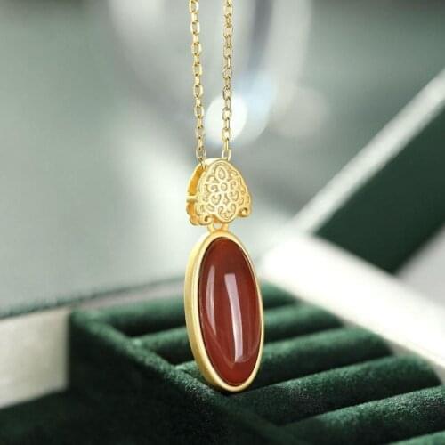 Natural Hetian Jade S925 Sterling Silver Inlaid Natural South Red Geometric Retro Personality All Match Female Clavicle Chain Pe