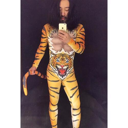 New Sexy Stage Costumes for Men Fashion Tiger Pattern Nightclub Club Party Mens Dj Ds Jumpsuit Bodysuit Costumes