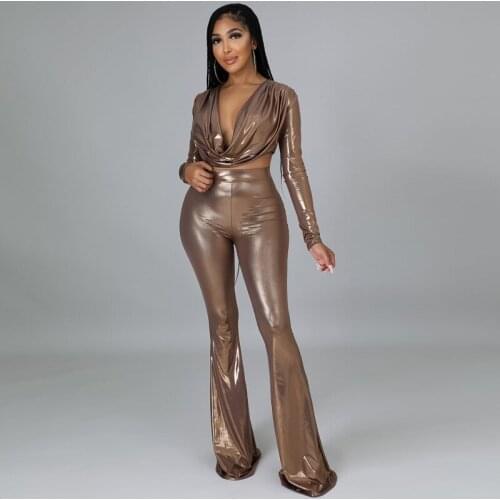 2021 New Arrival Fashion Design 2 pcs Women Set Solid Sparkly Ruched Short Tops Long Pants Sexy Club Outfits