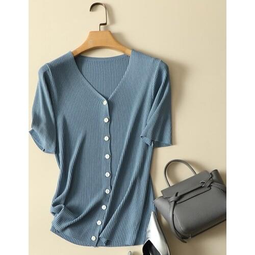 Solid Knitted Women T-Shirts Summer New Design 2021 V-Neck Button Short-Sleeved Slim Elastic Lady Pulls Outwears Tops Tees