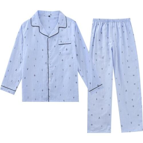 2021 New Mens Long-sleeved Trousers 100% Cotton Pajamas Spring and Summer Thin Simple Printing Casual Two-piece Robe Sets
