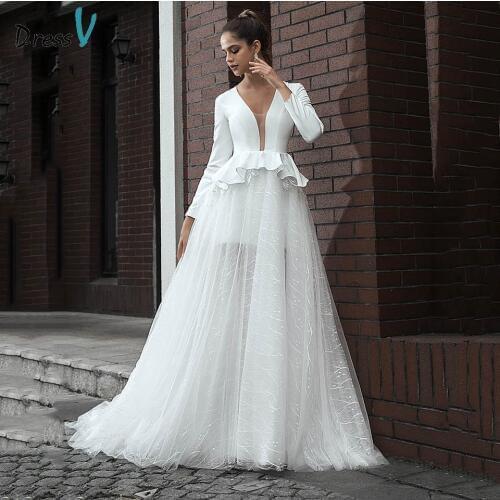 Dressv v neck wedding dress elegant long sleeves ruffles with sweep train a line lace outdoor&church wedding dresses custom