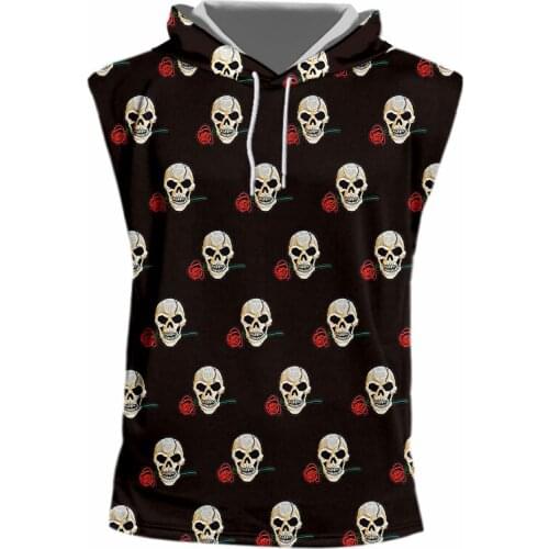 UJWI Rose Skull Printed Hawaiian Beach Vest For Men Summer Short Sleeve 5XL Aloha Shirt Mens Holiday Vacation Sleeveless Hood