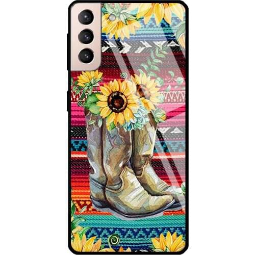 Sunflowers Cowboy Boots Cowgirl Rodeo Tempered Glass Case For Samsung Galaxy S21 Ultra S20 FE S8 S9 S10 Note 10 Plus Note 20