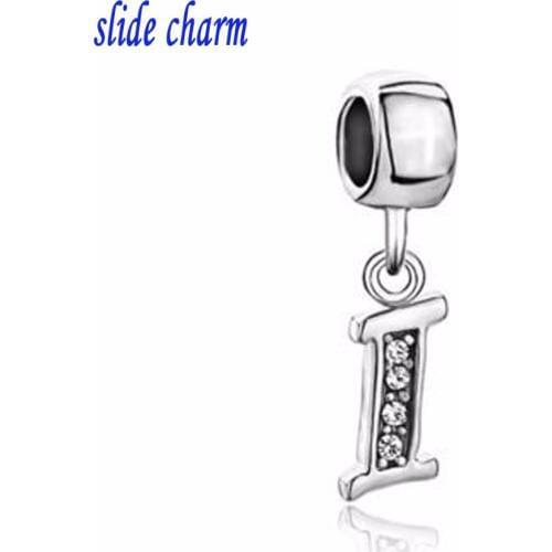 Slide charm Free shipping Classic fashion "I" letter white crystal pendant amulet charm beads fit Pandora bracelet