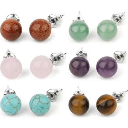 8mm Natural Stone Stud Earrings Crystal Quartz Round Ball Beads Silver Color Simple Fashion Ear Jewelry for Women Girl