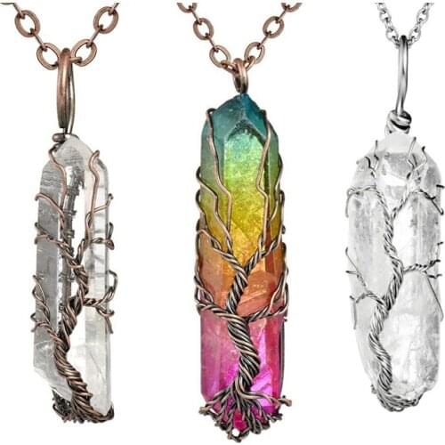 Hexagonal Crystal Pointed Natural Clear Rock Quartz Wire Wrapped Healing Reiki Crystal Tree of Life Pendant