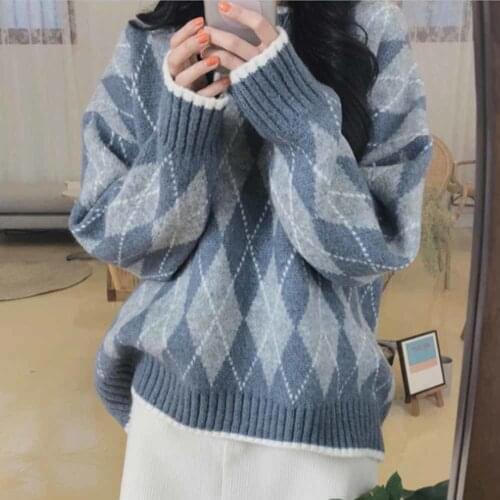 Loose Knitting Bottoming Tops Sweater Women Lazy Thicken Crewneck Diamond Lattice Geometric Elastic Pullover Soft Tops