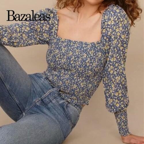 Bazaleas Vintage Yellow Floral Print Blue Blouse Chic Square Collar Ropa Mujer Fashion Long Sleeve Blouse Women