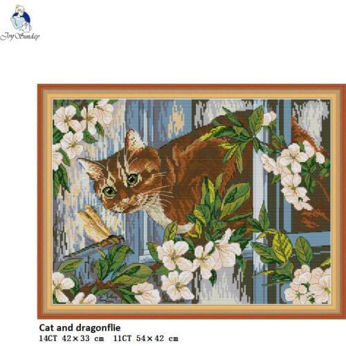 Cat and Dragonflie Animal Embroider DIY Counted Printed On Canvas Cross Stitch DMC Cotton Thread DIY Hand Made Needlework Sets