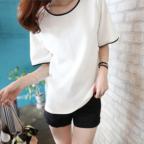 Summer Polyester Womens T-Shirt Round Collar Short Sleeve Pullover Solid White Black Slim Plus Size Fashion Casual T-Shirt