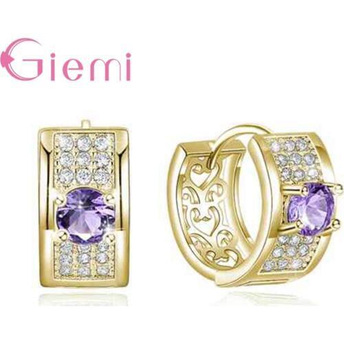 High Quality 3 Colours Fine Round Crystal 925 Sterling Silver Hollow Earrings Ring For Women Female Party Jewelry