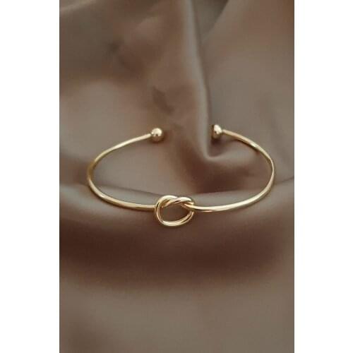 Womens Gold Knot Detail Adjustable Handcuff Bangle Bracelet