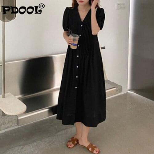 2021 Women Summer V Neck Elegant Vertical Pleat Long Shirt Dress Loose Waistline Large Hem Midi Dresses