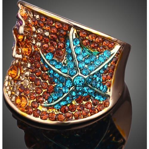 Alisouy Beauty Gold Color Blue Austrian Rhinestone Crystal Starfish Rings Jewelry for Women female fashion ring