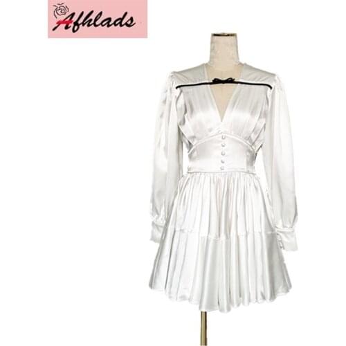 Spring And Summer 2020 new V-neck waist slimming long sleeve high waist solid color elegant Office Lady white Vestidos dress