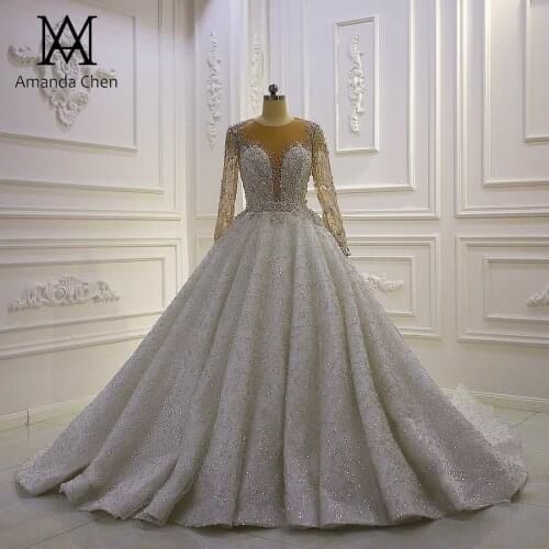 Robe femme Full Sleeve Lace Appliques Crystal Luxury Wedding dress