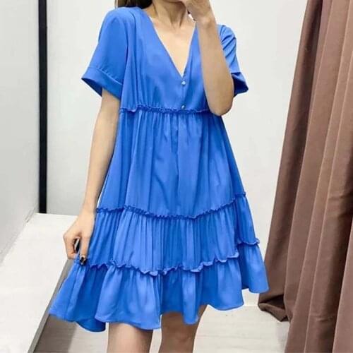 Za Women 2021 Chic Fashion Ruffled Button-up Loose Mini Dress Vintage V Neck Short Sleeves Female Dresses Vestidos Mujer