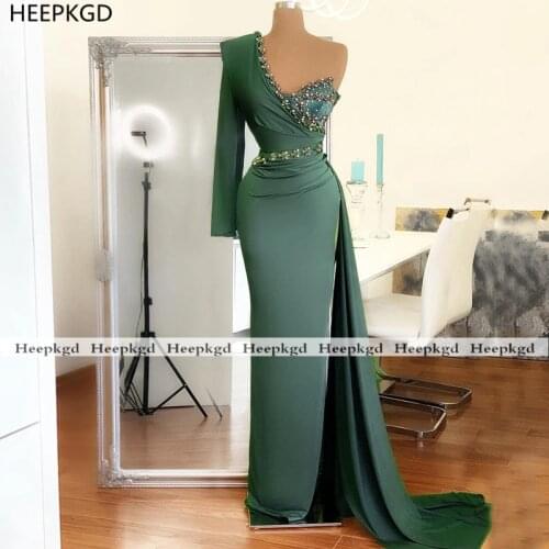 One Shoulder 2021 Long Sleeve Evening Dress With Slit Stunning Crystals Pleats Silk Satin Women Formal Gown For Prom Custom Made