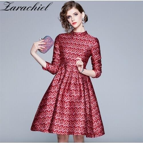 Women Autumn Luxury Red Plaid Jacquard Dress Festa High Quality Elegant Party Robe Femme Vintage High Waist Ball Gown Vestidos
