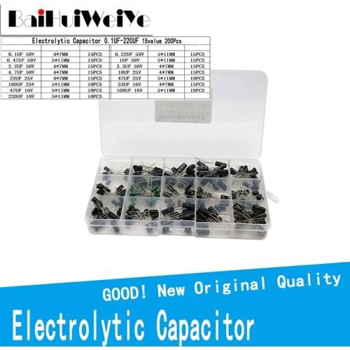 200PCS/LOT Newest High Quality 15values 200pcs Electrolytic Capacitor Organization Storage 0.1-220uF Capacitors Assortment Box