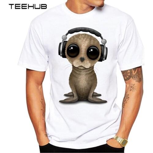 2019 TEEHUB Mens Fashion Cute Baby Sea Lion DJ Printed Short Sleeve T-Shirt Hipster O-neck Design Tops Cool Desgin Tee