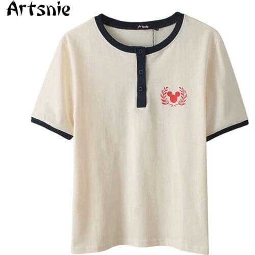 Artsnie Disney Mickey Mouse T Shirt Women Summer 2021 O Neck Short Sleeve Tops Female Streetwear Casual Knitted Beige T-shirts