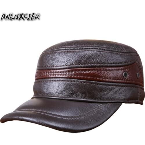 B-7256 New Winter Autumn Sheepskin Hat Mens 100% Genuine Leather Warm Hat Adjustable Elderly Baseball Cap