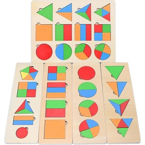 Kids Wood Montessori Colorful Geometric Shapes Board Fraction Circles Toy Geometrical Division Toys for Toddler 3 in 1 Boys Girl