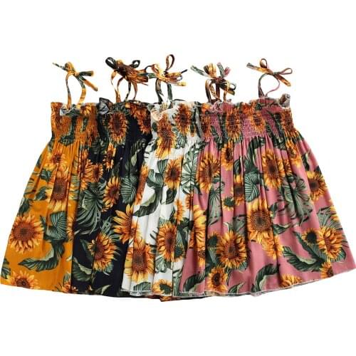 Children Sunflower Print Sling Dress with Ruffles, Girls Large Hem Sleeveless Lace-up Dress 1-7T