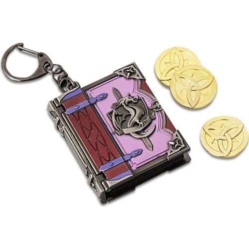 Game Genshin Impact Mona Cosplay Prop Anime Metal Keychain KeyRing with 3pcs Mora Coin Couples Boyfriend Gifts Hallowen Prop