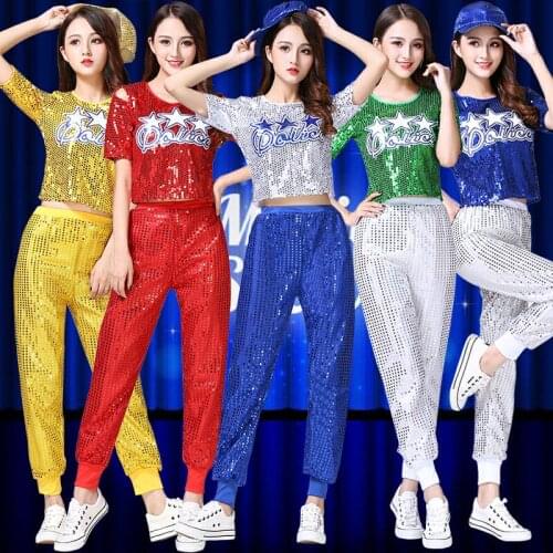Adult Jazz Dance Costumes Suit Modern Dancing Clothes Fashion Sequined Cheerleading Hip Hop Outfit Short Sleeves Top+Long Pants