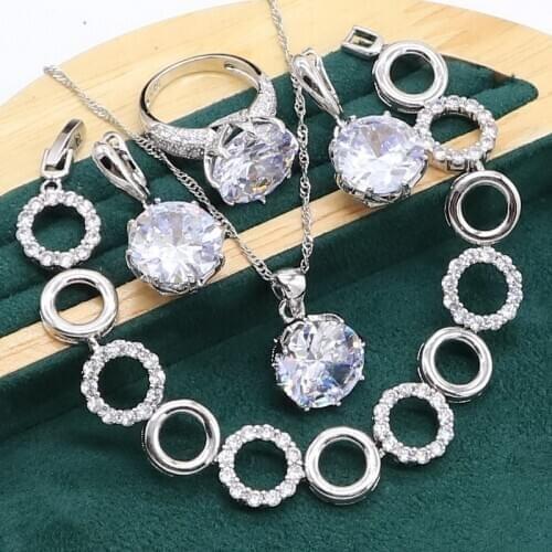 Round White Zircon 925 Sterling Silver Jewelry set for Women Wedding Bracelet Earrings Necklace pendant Ring Birthday Gift