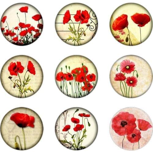 Hot sale 5pcs16mm20mm25mm Poppy Red & White Flower Nature Handmade Photo Glass Drop Style Cabochons Jewelry Accessories