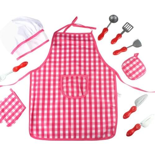 New Girls Kitchen Chef Cosplay Set Pink Plaid Apron Gifts for Kids Cooking Baking Kitchenware Hat Mitt Pad Toddler Teaching Aids