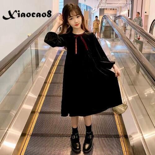 Autumn Girls Long Sleeve Dress Black Gold Velvet Mid-Calf Dress Girl Toddler Fall Clothes Teenage Kids Girls Clothes6 8 10 12 14