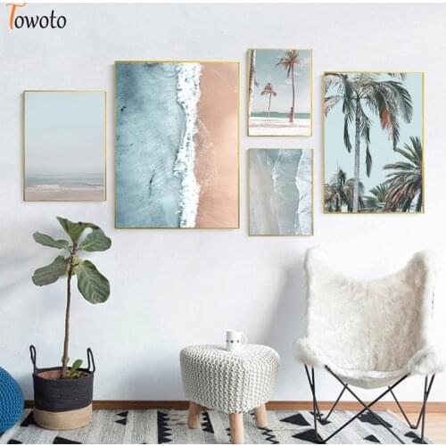 Ocean Wave Canvas Painting California Beach Poster Palm Art Print Light Blue Wall Art Nordic Decoration Pictures Coastal Decor