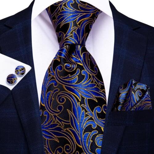 Hi-Tie Navy Blue Floral Silk Wedding Tie For Men Handky Cufflink Gift Nicktie For Men Fashion Design Business Party Dropshiping