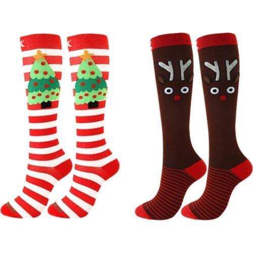 Christmas Compression Stockings Women Men Pressure Socks Compress Elk Pattern Elastic Knee-High Running Socks Gift
