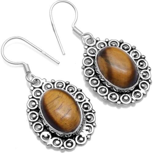 Genuine Tiger eye 925 Sterling Silver Earrings, 37.3 mm, AE2532