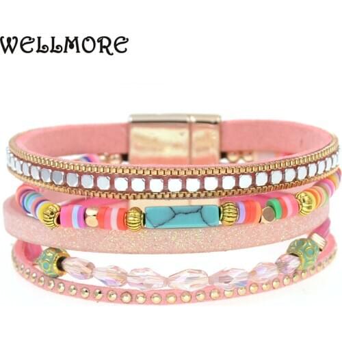 WELLMORE colorful BOHO bracelets for women stone leather bracelet multilayer charm Bracelets & Bangles Female fashion Jewelry