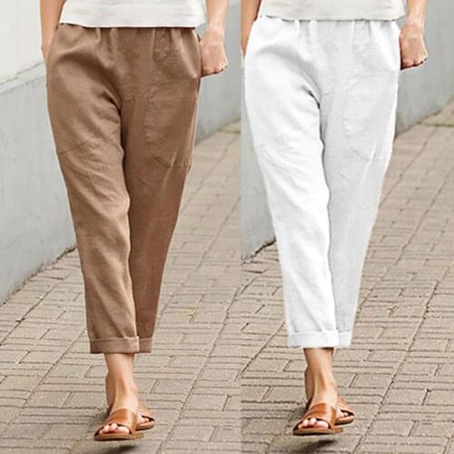 2021 Summer Autumn Casual Straight Pants Women Cropped Cotton Pants Large Pocket Femme High Waist Loose Trousers Women