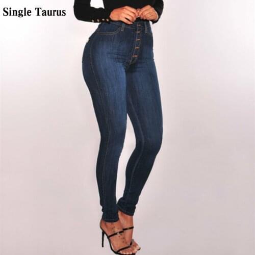 Womans Skinny Jeans Casual Slim High Waist Button Fly Plus Size Vintage Denim Pencil Pants Mujer Push Up Denim Blue Women Jeans
