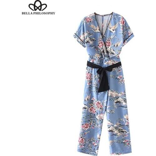 HStar women vintage floral V neck jumpsuits bow tie sashes short sleeve back split rompers ladies summer playsuits