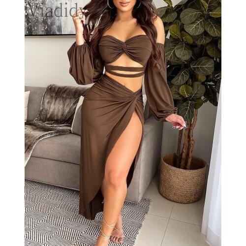Women Off Shoulder Solid Color Twisted Crop Top & High Slit Maxi Skirt 2 Pieces Sets