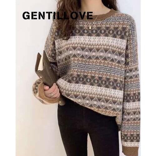 New Knitted Women Pullover Sweater O Neck Vintage Striped Patchwork Autumn Winter Loose Long Sleeve Oversized Warm Streetwear