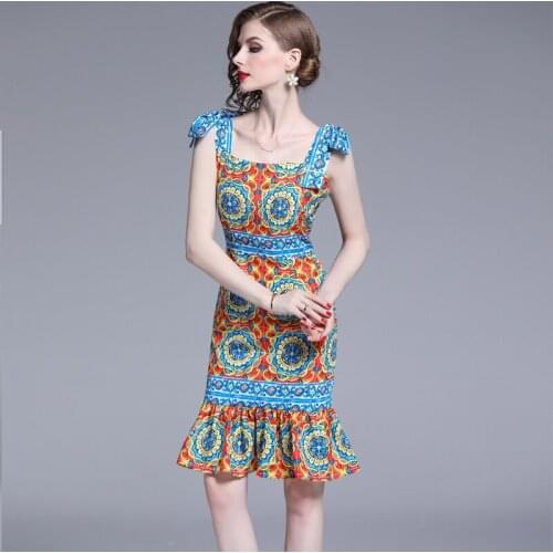 Runway Summer Dress 2020 Womens Blue And White Porcelain Red Spaghetti Sundress Ladies Ruffles Mermaid Fish Tail Dresses Midi